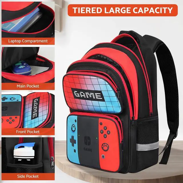 Alt view image 4 of 7 - School Backpack for Boys - HFHTDC Gamer Boys Backpack for Kids Children Teens Elementary Middle School - Students Bookbag Ages 6-18,17 Video Game Bookbag Travel Back Pack