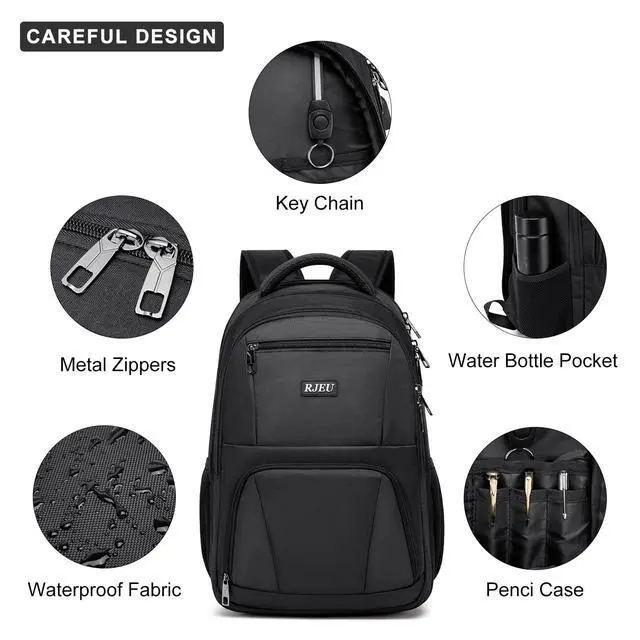 Alt view image 5 of 7 - School Backpack for Teen Boys, 15.6 Inch Black Backpack with Laptop Padding