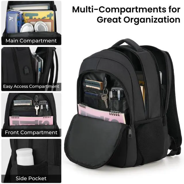 Alt view image 2 of 7 - Backpack for Men and Women, School Backpacks for Teen Boys Girls, Water Resistant Sturdy Anti Theft Travel Laptop Backpack, Black Student Bookbag Fits 15.6 Inch Laptop, Gifts