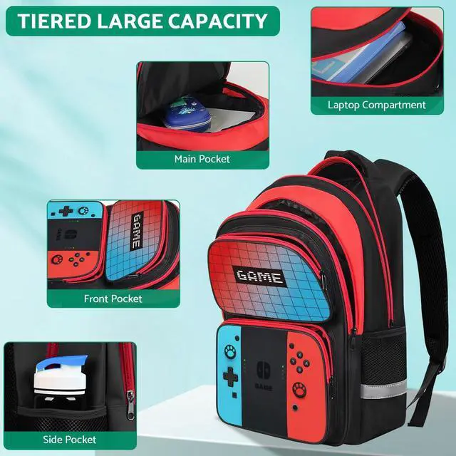 Alt view image 4 of 7 - Kids Backpack for Boys,Gamer Boys Backpack for Children Teens Elementary Middle School,Game Bookbag Ages 6-18,School Bookbag Travel Back Pack,17 Large Capacity