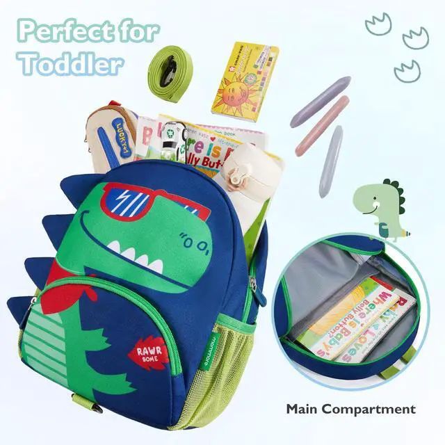Alt view image 3 of 6 - Toddler Backpack for Boys 2-4, 3D Cartoon Cute Kids Dinosaur Backpack Water-Resistant Compact for Travel Preschool with Leash, Chest Buckle