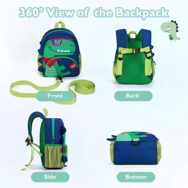 Alt view image 4 of 6 - Toddler Backpack for Boys 2-4, 3D Cartoon Cute Kids Dinosaur Backpack Water-Resistant Compact for Travel Preschool with Leash, Chest Buckle