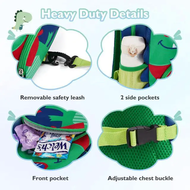 Alt view image 5 of 6 - Toddler Backpack for Boys 2-4, 3D Cartoon Cute Kids Dinosaur Backpack Water-Resistant Compact for Travel Preschool with Leash, Chest Buckle
