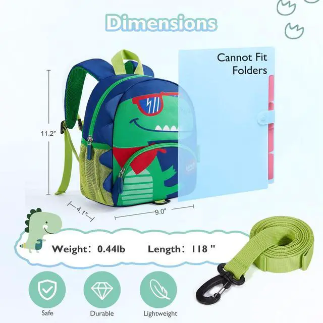 Alt view image 6 of 6 - Toddler Backpack for Boys 2-4, 3D Cartoon Cute Kids Dinosaur Backpack Water-Resistant Compact for Travel Preschool with Leash, Chest Buckle