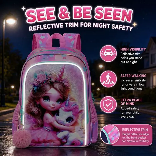 Alt view image 2 of 7 - 3PCS Unicorn Backpack for Girls, 16" Kids Bookbag with Lunch Box, Water Resistant Elementary School Bag for Preschool Toddler