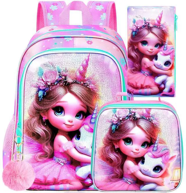 Main image of 3PCS Unicorn Backpack for Girls, 16" Kids Bookbag with Lunch Box, Water Resistant Elementary School Bag for Preschool Toddler
