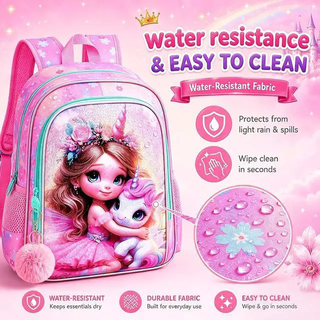 Alt view image 3 of 7 - 3PCS Unicorn Backpack for Girls, 16" Kids Bookbag with Lunch Box, Water Resistant Elementary School Bag for Preschool Toddler