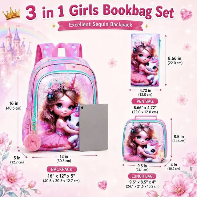 Alt view image 4 of 7 - 3PCS Unicorn Backpack for Girls, 16" Kids Bookbag with Lunch Box, Water Resistant Elementary School Bag for Preschool Toddler