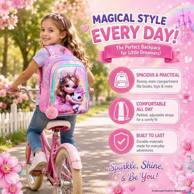 Alt view image 5 of 7 - 3PCS Unicorn Backpack for Girls, 16" Kids Bookbag with Lunch Box, Water Resistant Elementary School Bag for Preschool Toddler