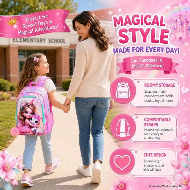 Alt view image 6 of 7 - 3PCS Unicorn Backpack for Girls, 16" Kids Bookbag with Lunch Box, Water Resistant Elementary School Bag for Preschool Toddler
