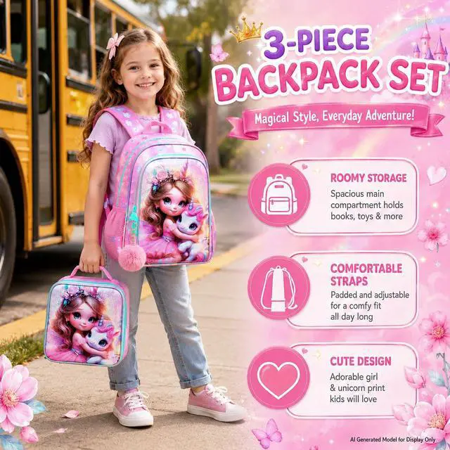 Alt view image 7 of 7 - 3PCS Unicorn Backpack for Girls, 16" Kids Bookbag with Lunch Box, Water Resistant Elementary School Bag for Preschool Toddler