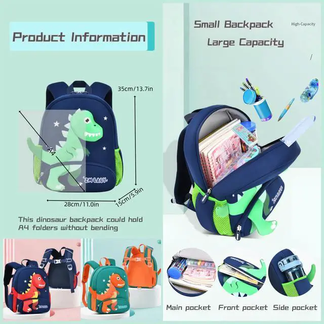 Alt view image 3 of 7 - Dinosaur Anti-lost Backpack for Boys Kindergarten Preschool Bookbag with Safety Leash, Toddler Boys Backpack Daycare Bag, B-Dark-blue+Green