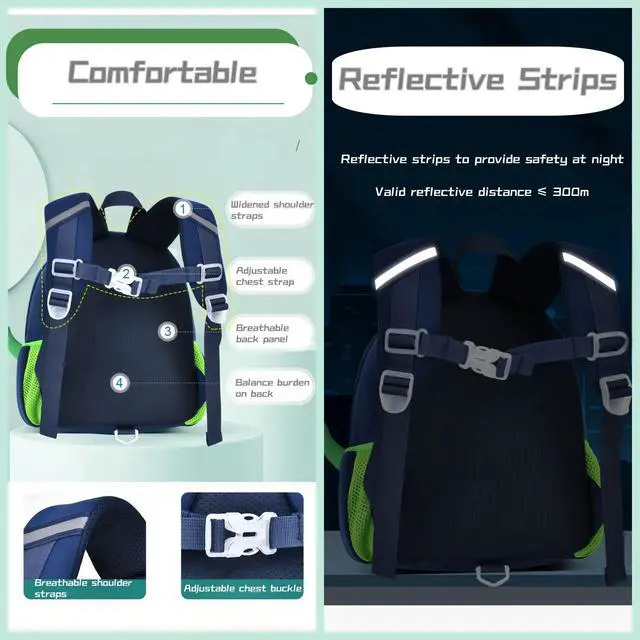 Alt view image 5 of 7 - Dinosaur Anti-lost Backpack for Boys Kindergarten Preschool Bookbag with Safety Leash, Toddler Boys Backpack Daycare Bag, B-Dark-blue+Green