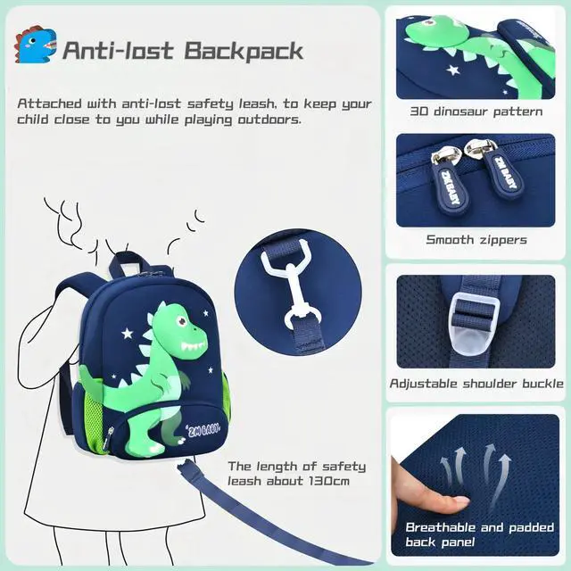 Alt view image 6 of 7 - Dinosaur Anti-lost Backpack for Boys Kindergarten Preschool Bookbag with Safety Leash, Toddler Boys Backpack Daycare Bag, B-Dark-blue+Green