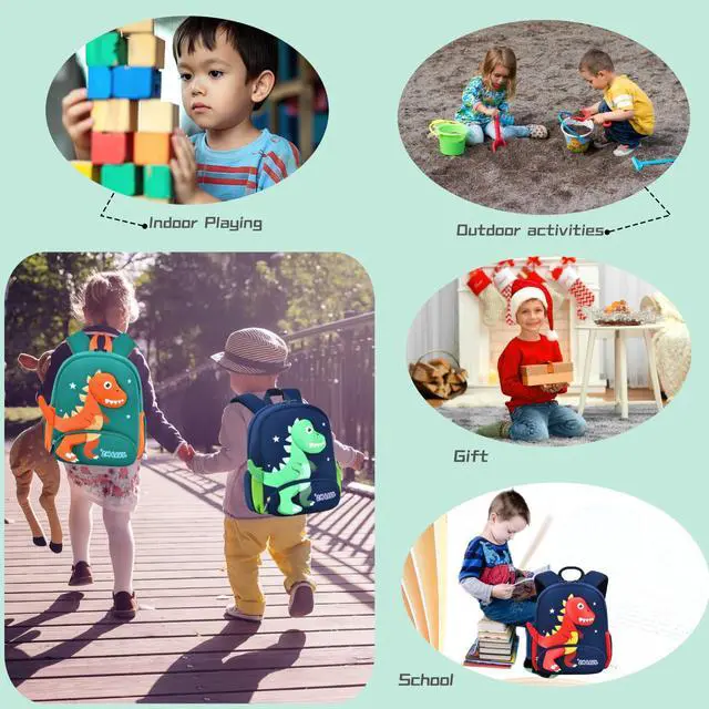 Alt view image 7 of 7 - Dinosaur Anti-lost Backpack for Boys Kindergarten Preschool Bookbag with Safety Leash, Toddler Boys Backpack Daycare Bag, B-Dark-blue+Green