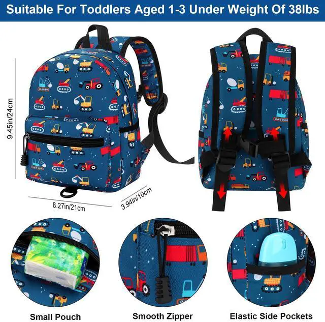 Alt view image 2 of 7 - Toddler Backpack with Leash, Cute Baby Backpack with Anti Lost Wrist Link, Mini Kids Backpack Leash Walking Harness for Travel, Adjustable Excavator Backpack Tether for Boys Girls Ages 1-3