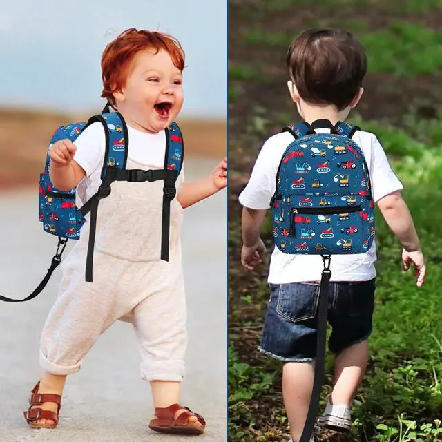 Alt view image 6 of 7 - Toddler Backpack with Leash, Cute Baby Backpack with Anti Lost Wrist Link, Mini Kids Backpack Leash Walking Harness for Travel, Adjustable Excavator Backpack Tether for Boys Girls Ages 1-3
