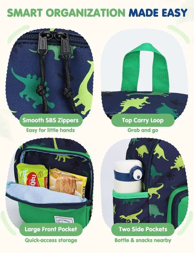 Alt view image 4 of 7 - Small Toddler Backpack for Boys, Cute 12in Mini Backpack for 3-4Years Baby Kids with Chest Buckle Green Dinosaurs