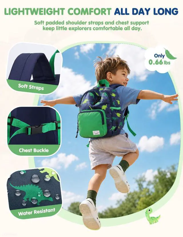Alt view image 5 of 7 - Small Toddler Backpack for Boys, Cute 12in Mini Backpack for 3-4Years Baby Kids with Chest Buckle Green Dinosaurs