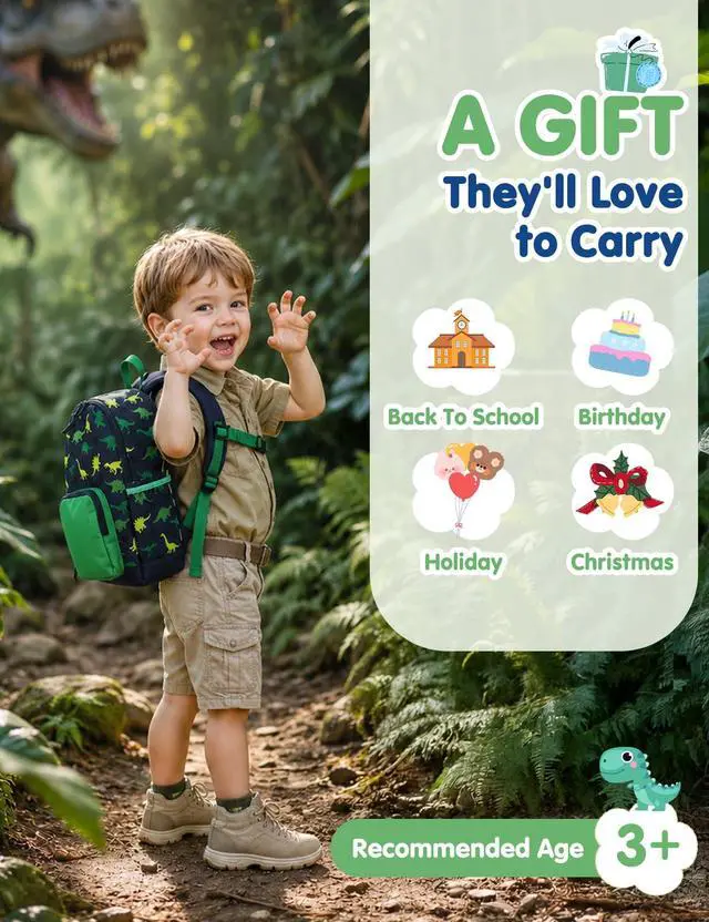 Alt view image 6 of 7 - Small Toddler Backpack for Boys, Cute 12in Mini Backpack for 3-4Years Baby Kids with Chest Buckle Green Dinosaurs