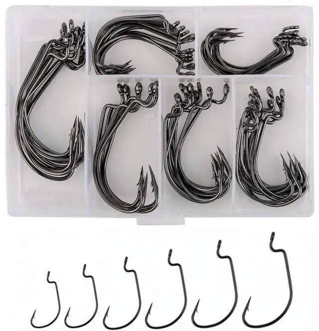 Main image of 60pcs Offset Worm Hook High Carbon Steel Wide Gap Bait Jig Fish Hooks with Plastic Box #1-5/0