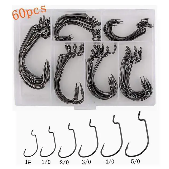Alt view image 5 of 5 - 60pcs Offset Worm Hook High Carbon Steel Wide Gap Bait Jig Fish Hooks with Plastic Box #1-5/0