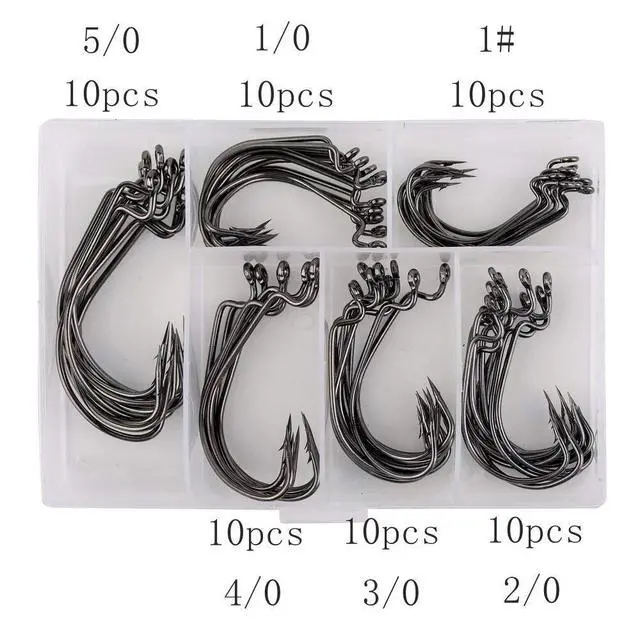 Alt view image 4 of 5 - 60pcs Offset Worm Hook High Carbon Steel Wide Gap Bait Jig Fish Hooks with Plastic Box #1-5/0