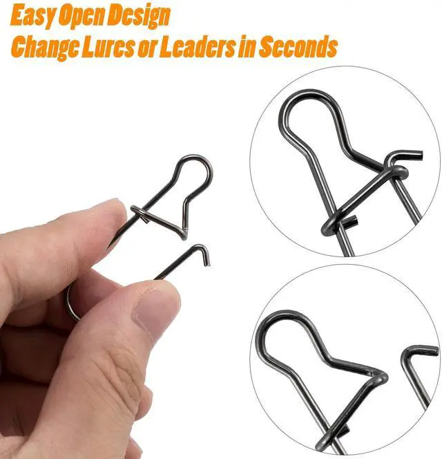 Alt view image 4 of 7 - 100 Pack Duo Lock Fishing Snaps Stainless Steel 26-220LB Lure Snaps Freshwater Saltwater Quick Change Speed Fishing Line Weights Clips (#0, 26Lb)