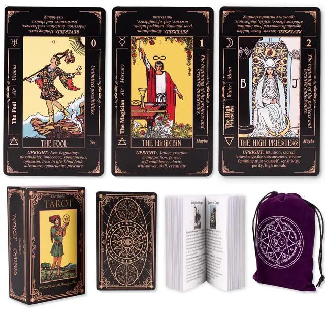 Main image of Tarot Cards for Beginners, Classic Tarot Deck with Meanings, Durable Cards with Guide Book, Black