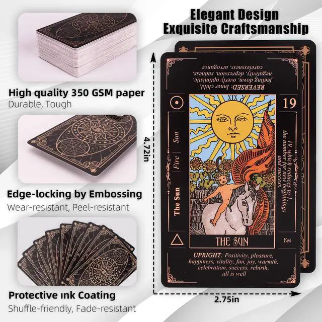 Alt view image 5 of 7 - Tarot Cards for Beginners, Classic Tarot Deck with Meanings, Durable Cards with Guide Book, Black