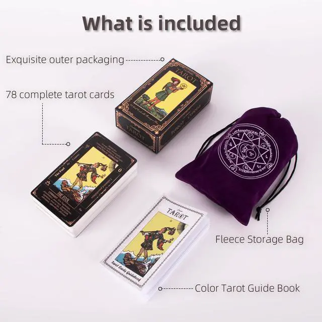 Alt view image 7 of 7 - Tarot Cards for Beginners, Classic Tarot Deck with Meanings, Durable Cards with Guide Book, Black