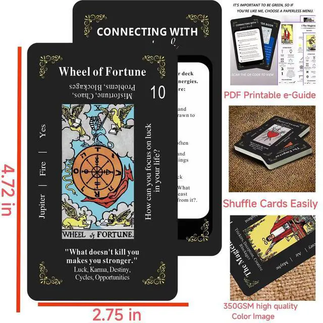 Alt view image 2 of 7 - Classic Tarot Cards for Beginners - 78 Card Set, Learning Tarot Deck with Meanings, No Guide Book Needed, Fortune Telling Game (Black)