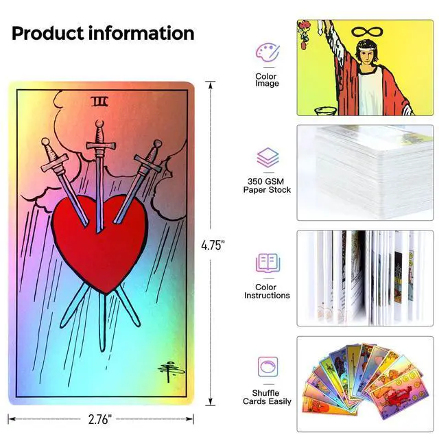 Alt view image 2 of 6 - Holographic Tarot Cards, 78 Card Tarot Deck with Guidebook to Card Meanings