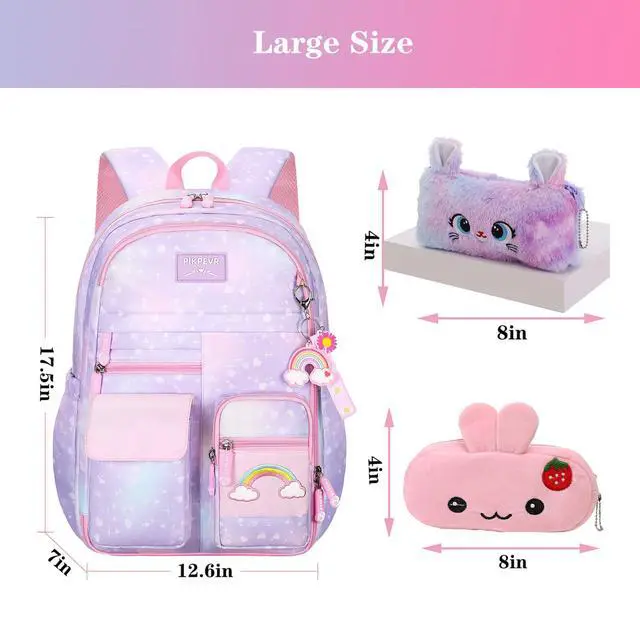 Alt view image 2 of 7 - Girls Rainbow School Backpack for Elementary,Kawaii Bookbag 16.5in