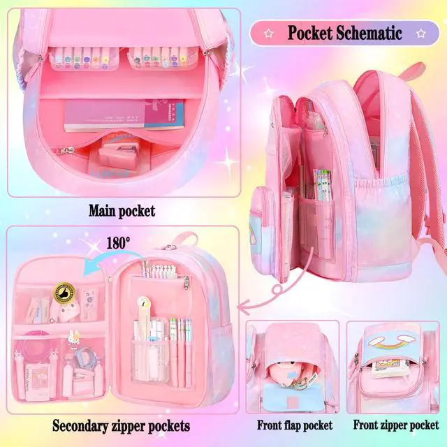Alt view image 3 of 7 - Girls Rainbow School Backpack for Elementary,Kawaii Bookbag 16.5in