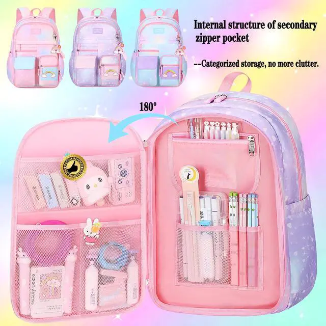 Alt view image 4 of 7 - Girls Rainbow School Backpack for Elementary,Kawaii Bookbag 16.5in