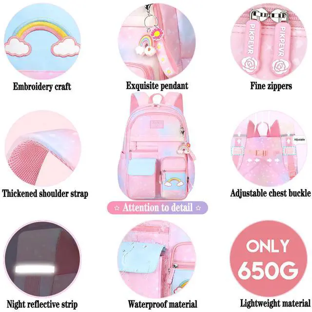 Alt view image 6 of 7 - Girls Rainbow School Backpack for Elementary,Kawaii Bookbag 16.5in