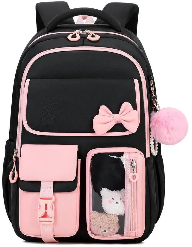Main image of Girls Backpack, School Backpack for Girls, Cute Bow Kids Bookbag for Grils Children Teens for Elementary Middle High School Student, Back To School, Black Pink