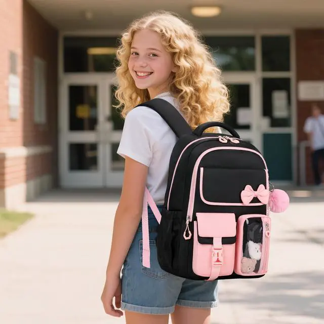 Alt view image 2 of 7 - Girls Backpack, School Backpack for Girls, Cute Bow Kids Bookbag for Grils Children Teens for Elementary Middle High School Student, Back To School, Black Pink