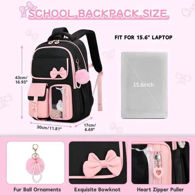 Alt view image 3 of 7 - Girls Backpack, School Backpack for Girls, Cute Bow Kids Bookbag for Grils Children Teens for Elementary Middle High School Student, Back To School, Black Pink