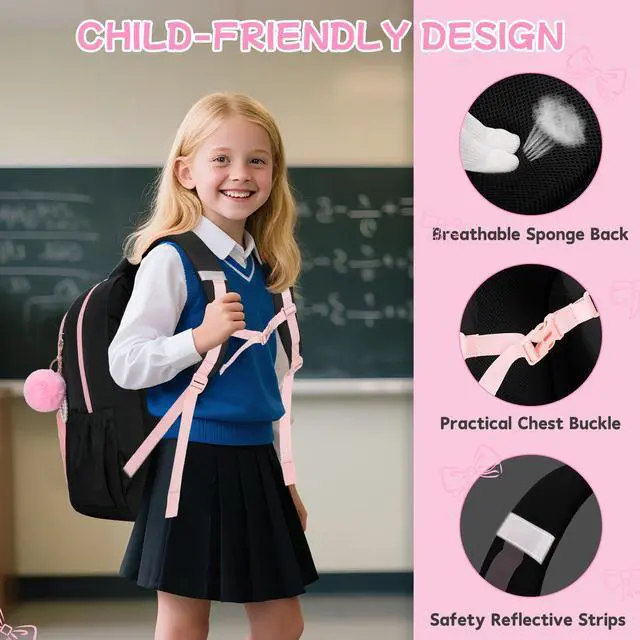 Alt view image 5 of 7 - Girls Backpack, School Backpack for Girls, Cute Bow Kids Bookbag for Grils Children Teens for Elementary Middle High School Student, Back To School, Black Pink