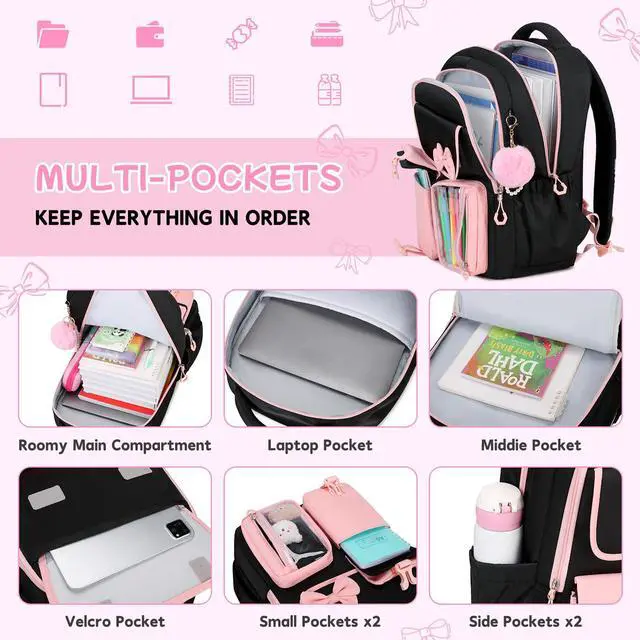 Alt view image 4 of 7 - Girls Backpack, School Backpack for Girls, Cute Bow Kids Bookbag for Grils Children Teens for Elementary Middle High School Student, Back To School, Black Pink
