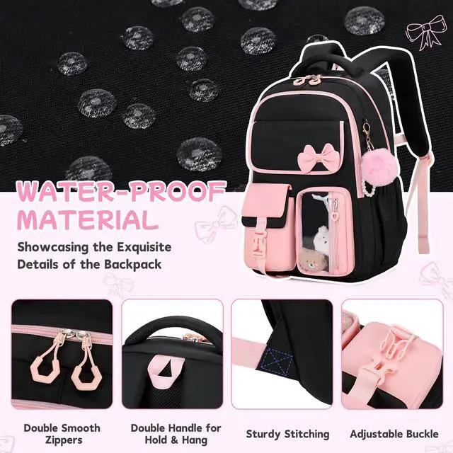 Alt view image 6 of 7 - Girls Backpack, School Backpack for Girls, Cute Bow Kids Bookbag for Grils Children Teens for Elementary Middle High School Student, Back To School, Black Pink