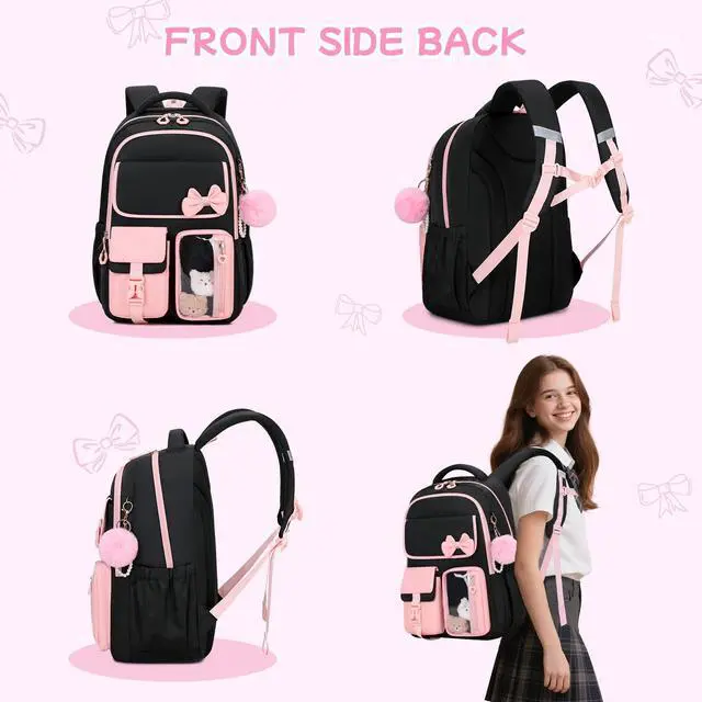 Alt view image 7 of 7 - Girls Backpack, School Backpack for Girls, Cute Bow Kids Bookbag for Grils Children Teens for Elementary Middle High School Student, Back To School, Black Pink