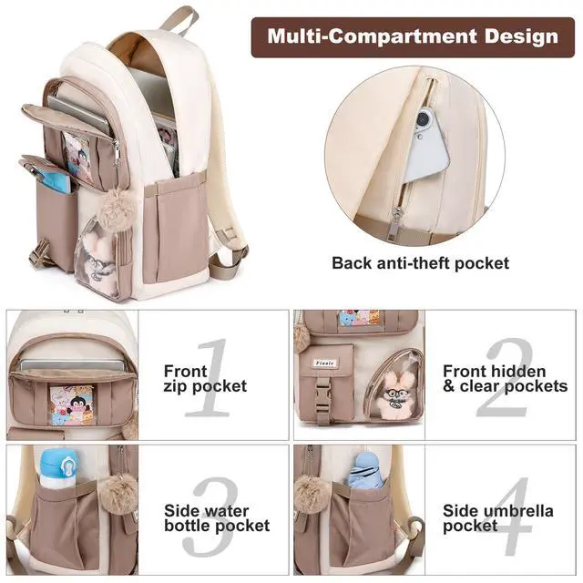Alt view image 2 of 7 - School Backpack for Teen Girls Bookbag: Cute 15.6 Inch Backpacks for Kids Middle High School BookBags Durable Laptop BackPack for Women Student Casual Daypack for Travel Khaki Beige
