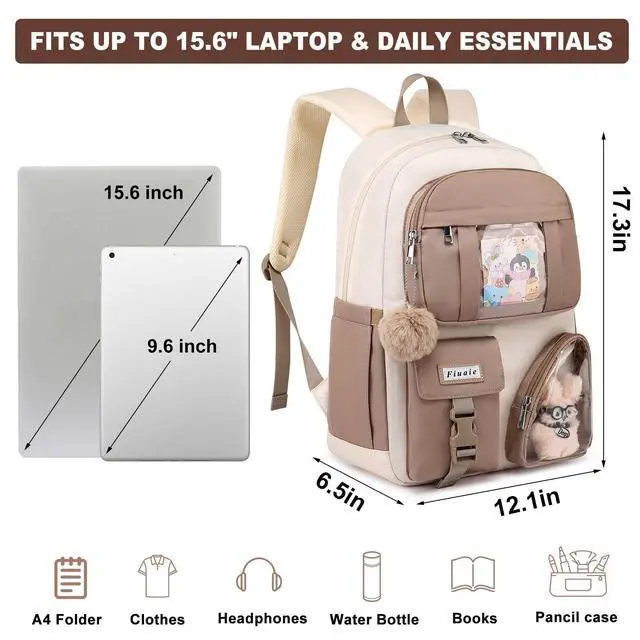Alt view image 3 of 7 - School Backpack for Teen Girls Bookbag: Cute 15.6 Inch Backpacks for Kids Middle High School BookBags Durable Laptop BackPack for Women Student Casual Daypack for Travel Khaki Beige