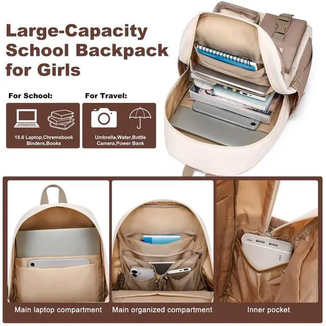 Alt view image 4 of 7 - School Backpack for Teen Girls Bookbag: Cute 15.6 Inch Backpacks for Kids Middle High School BookBags Durable Laptop BackPack for Women Student Casual Daypack for Travel Khaki Beige