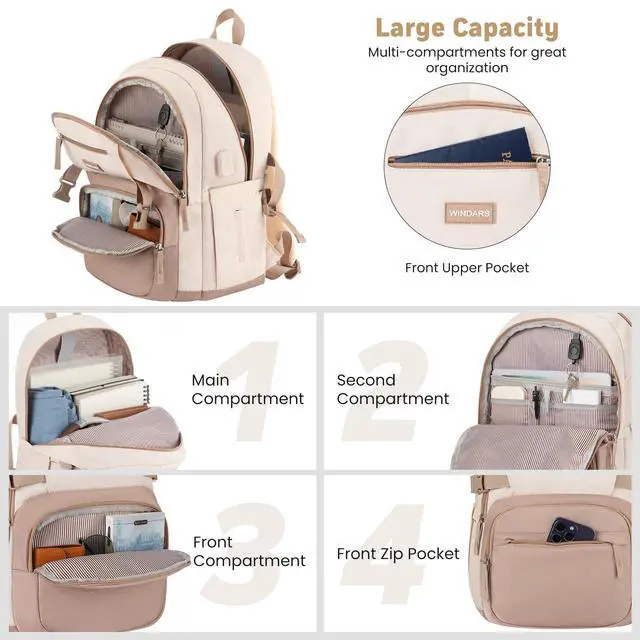Alt view image 2 of 7 - Backpack for School Girls, Cute High School Backpacks for Teens Women Student Large Bookbag 15.6 Inch Laptop Bag with USB Charger Port for College Work Travel Trip (Khaki Beige)