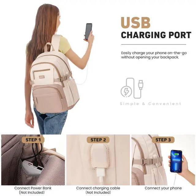 Alt view image 6 of 7 - Backpack for School Girls, Cute High School Backpacks for Teens Women Student Large Bookbag 15.6 Inch Laptop Bag with USB Charger Port for College Work Travel Trip (Khaki Beige)