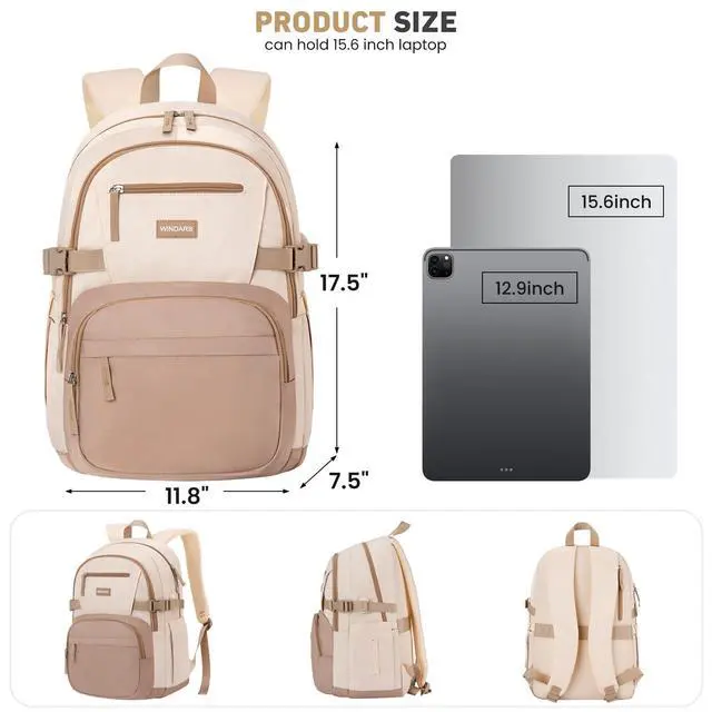 Alt view image 3 of 7 - Backpack for School Girls, Cute High School Backpacks for Teens Women Student Large Bookbag 15.6 Inch Laptop Bag with USB Charger Port for College Work Travel Trip (Khaki Beige)